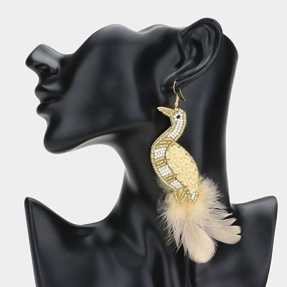 Bird Gold Seed Bead Feather Earrings - Picture 1 of 5